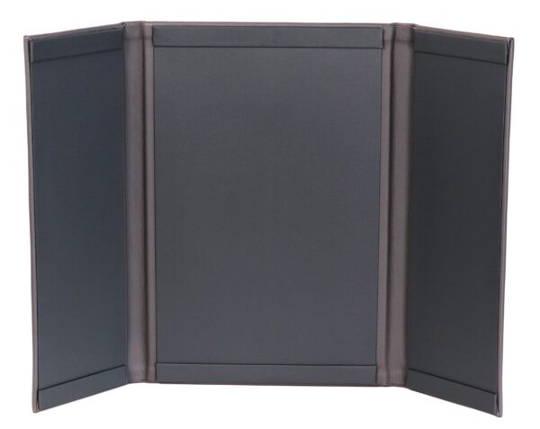 Black leather gatefold menu cover front open